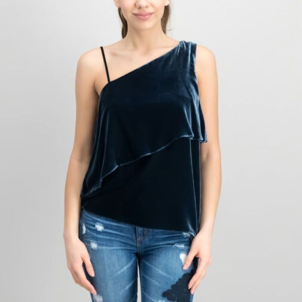 NWT Parker Silk Blend Navy Velvet Cold Shoulder Layered Top M